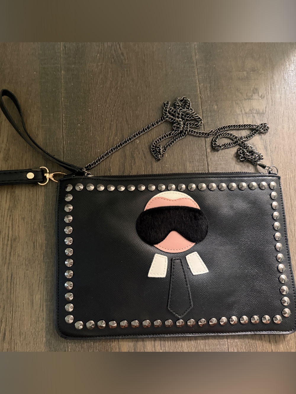 Brand new Black Studded Crossbody Wristlet with Pink Accent designer inspired